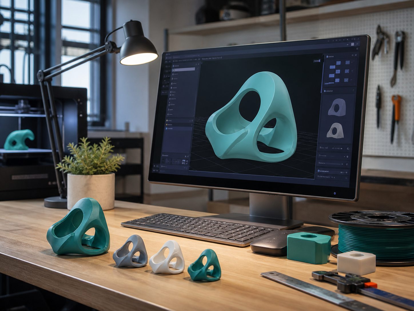 Poste de modélisation 3D avec modèle numérique et pièces imprimées