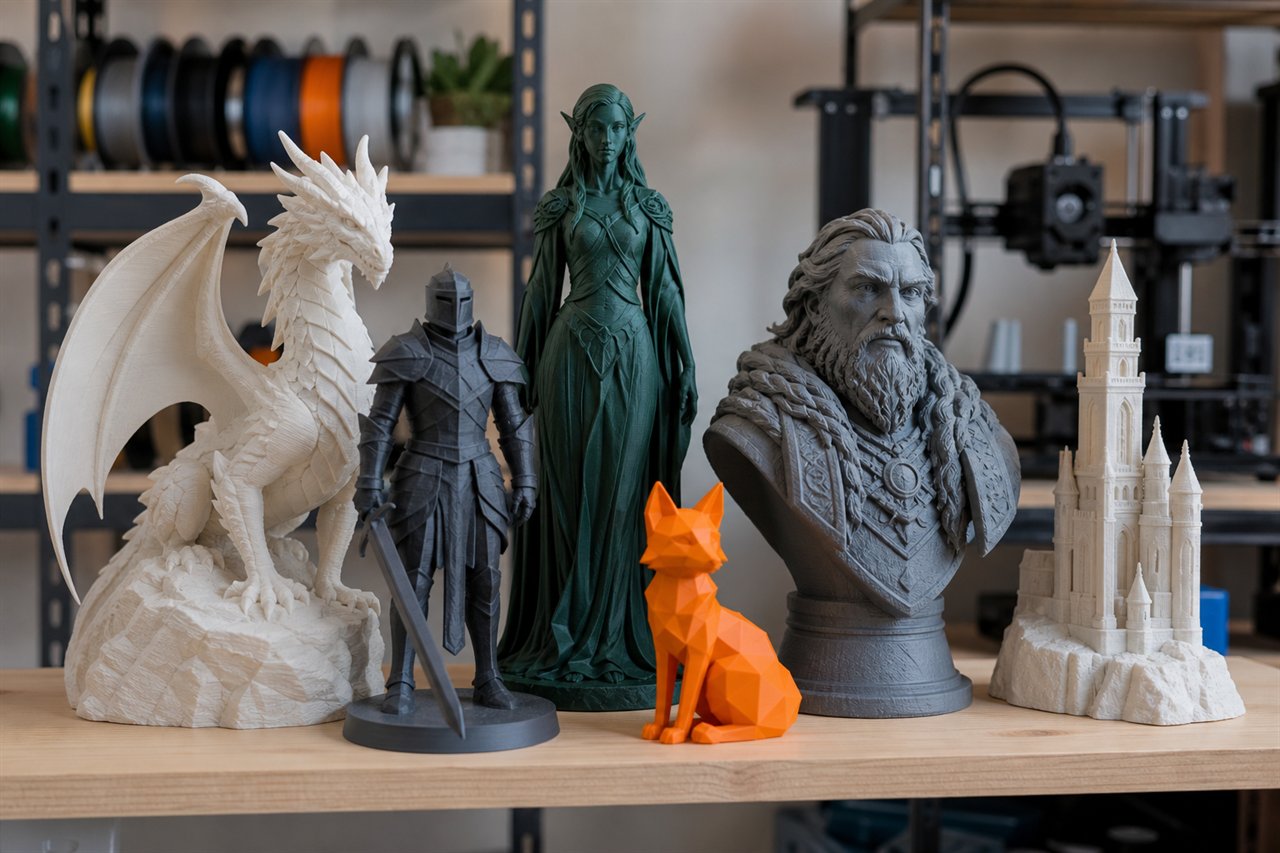 Figurines et objets décoratifs imprimés en 3D sur une étagère d'atelier