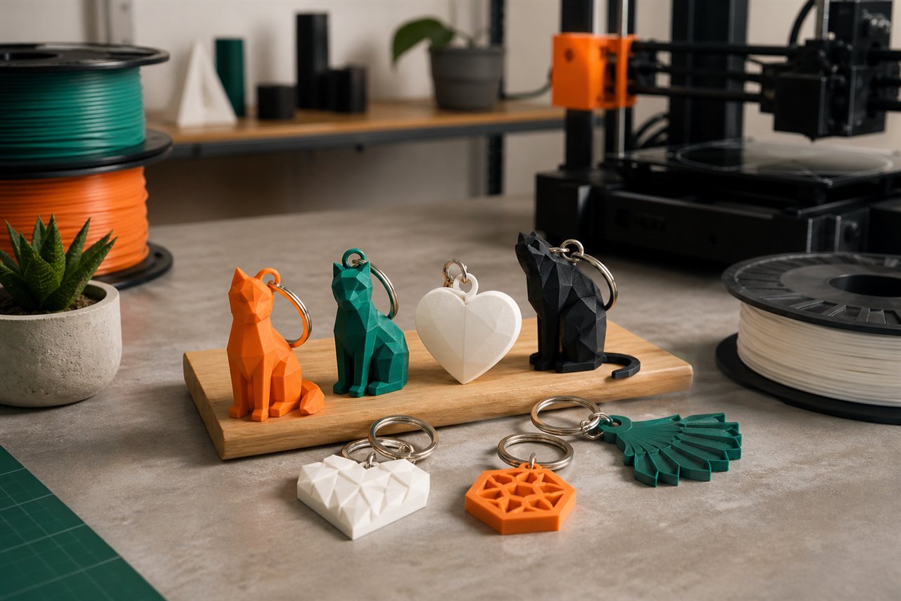 Porte-clés imprimés en 3D colorés posés sur un établi avec une imprimante 3D en arrière-plan