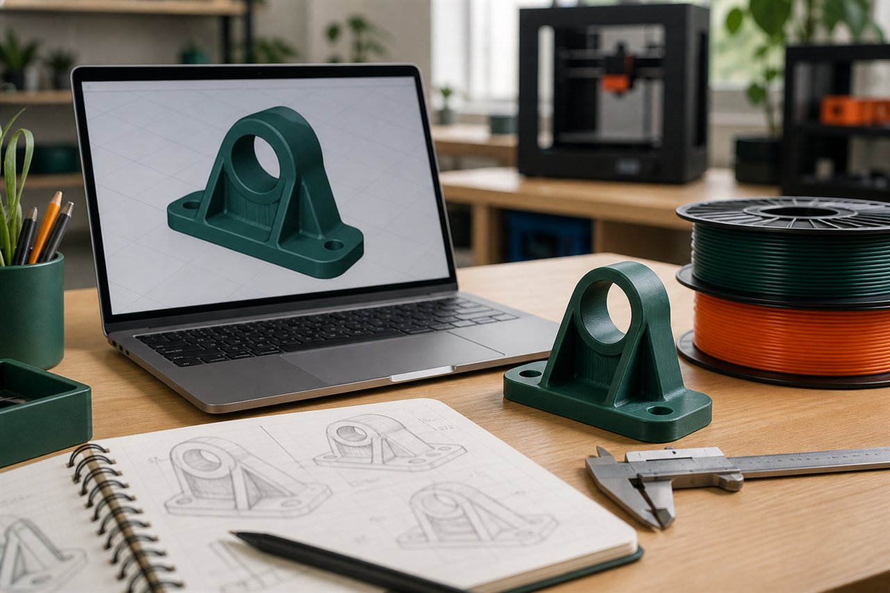 Poste de modélisation 3D avec ordinateur, prototype imprimé et outil de mesure
