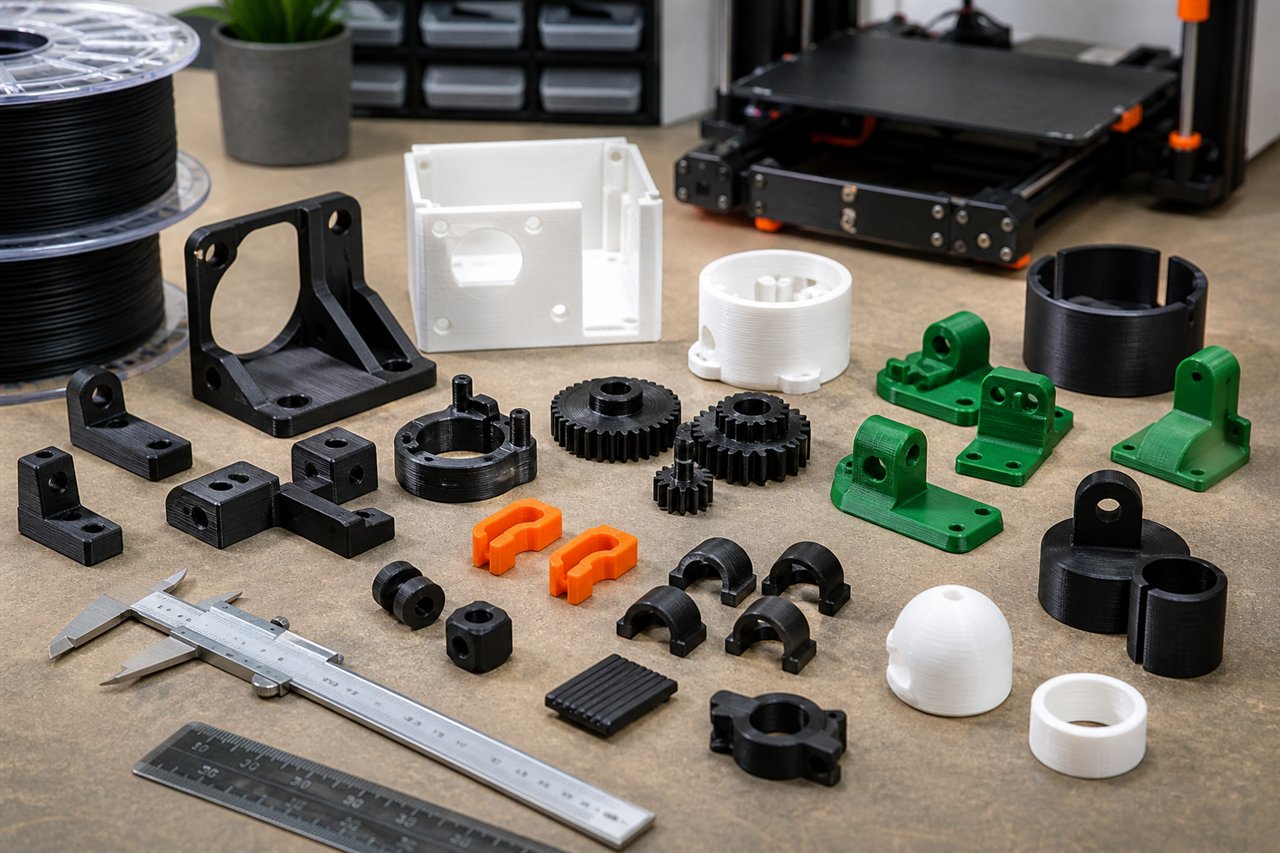 Pièces techniques imprimées en 3D avec pied à coulisse sur un établi